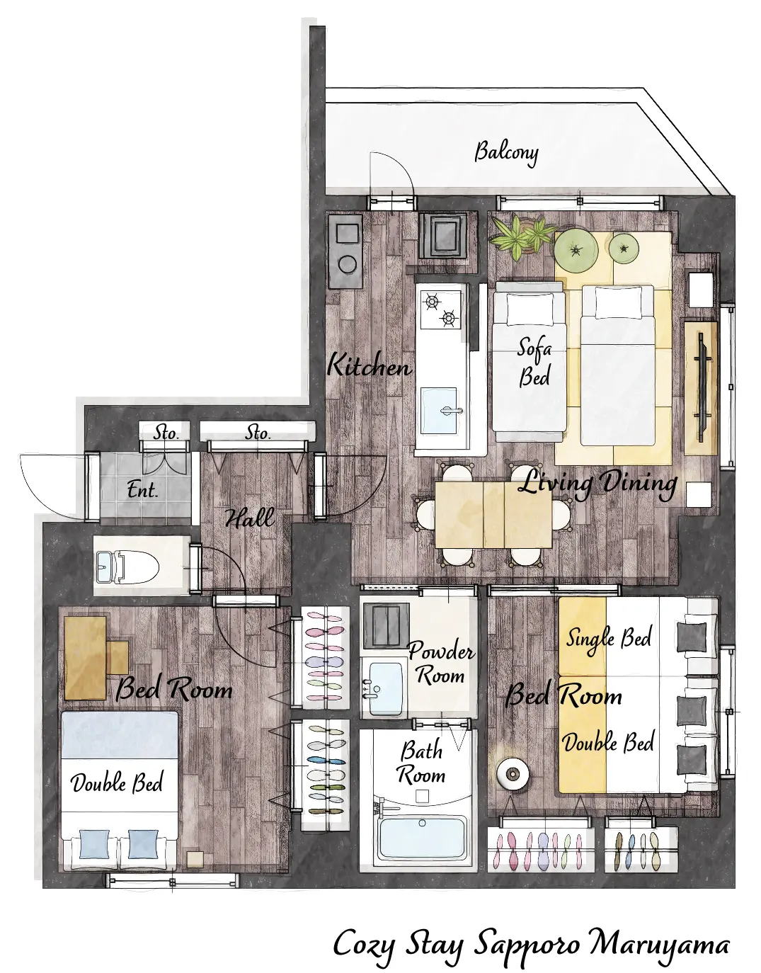 Cozy Stay Sapporo Maruyama 901 — 間取り図（布団あり）